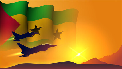 fighter jet plane with sao tome and principe waving flag background design with sunset view suitable for national sao tome and principe air forces day event