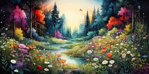 Draw a vibrant summer forest landscape with bright green trees and colorful flowers - obrazy, fototapety, plakaty