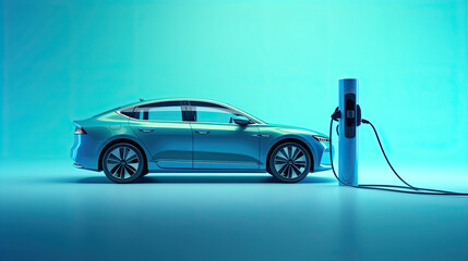 electric car connected to charger on blue background 3D Rendering, 3D Illustration 
