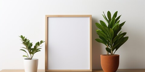 Empty square frame mockup in modern minimalist interior with potted houseplants on white wall background