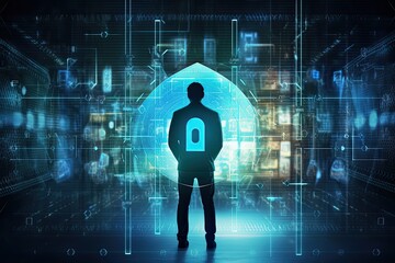Silhouette of businessman with padlock on digital background. Security concept, Data Privacy Protection Business Technology Privacy concept on virtual screen, AI Generated