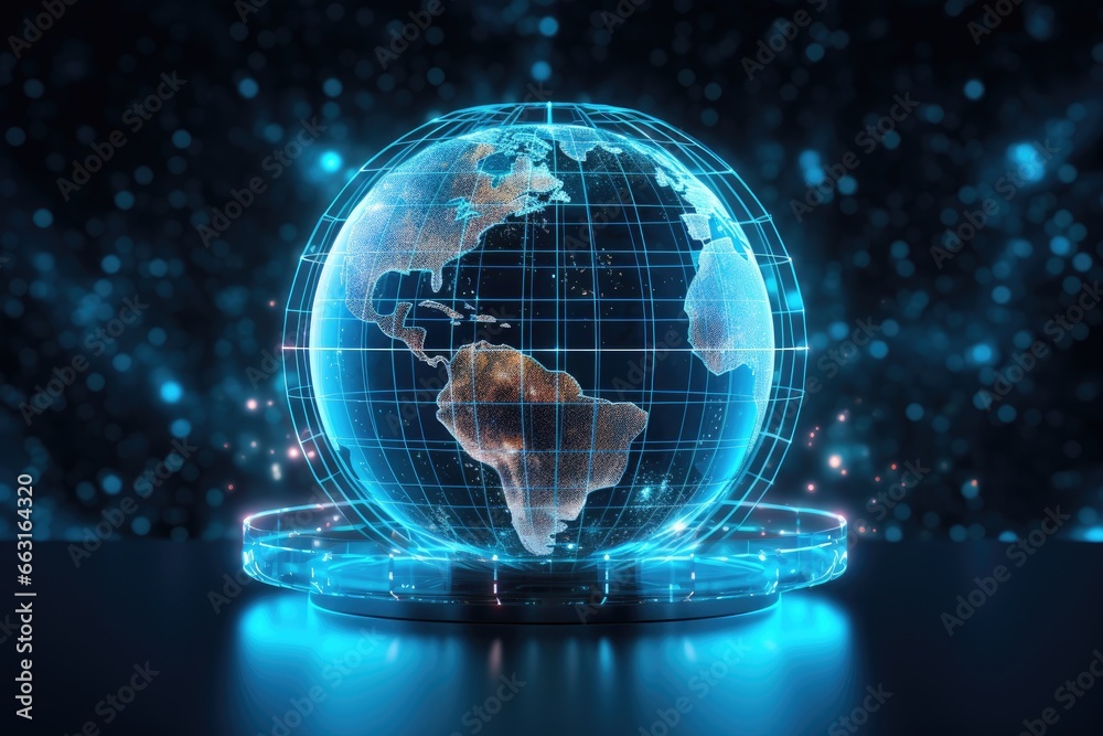 Canvas Prints Globe with glowing dots and lines on dark background. 3D rendering, Data transfer through global network infrastructure, Digital communication system on a globe hologram, AI Generated