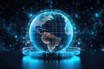 Globe with glowing dots and lines on dark background. 3D rendering, Data transfer through global...