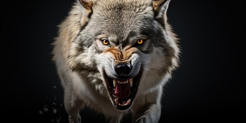 Front view of ferocious looking Wolf animal looking at the camera with mouth open isolated on a...