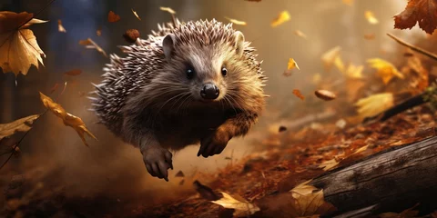 Fotobehang Freedom the hedgehog runs through the autumn forest dynamic scene leaves fly around the onset of autumn changes © Coosh448