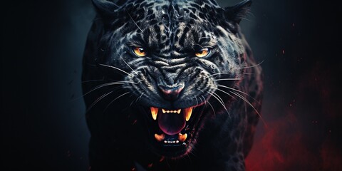 Front view of Panther on dark background. Predator series. - obrazy, fototapety, plakaty