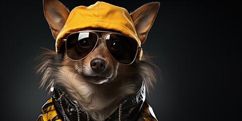 Funny dog posing as hip hop or rap superstar - baseball cap, dark sunglasses, golden chain. Wide banner with copy space on side. Wide banner with copy space on side - obrazy, fototapety, plakaty