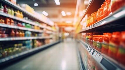 Blurred background grocery supermarket. shopping mall background, business concept copy space. Supermarket aisle and shelves blur background AI. - obrazy, fototapety, plakaty