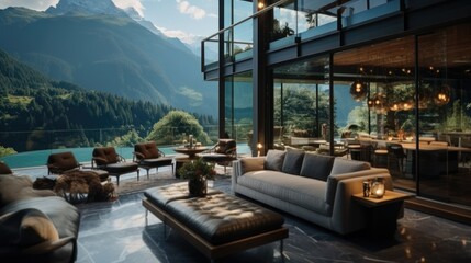 Luxury hotel in the mountains with the beautiful view. - obrazy, fototapety, plakaty