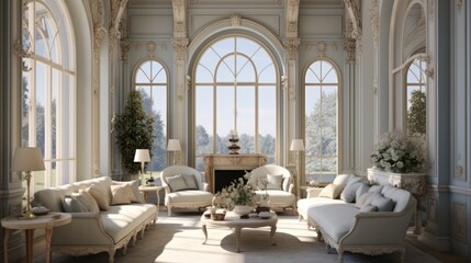 Fototapeta premium Luxury living room with Arch windows mirror and plaster mouldings.