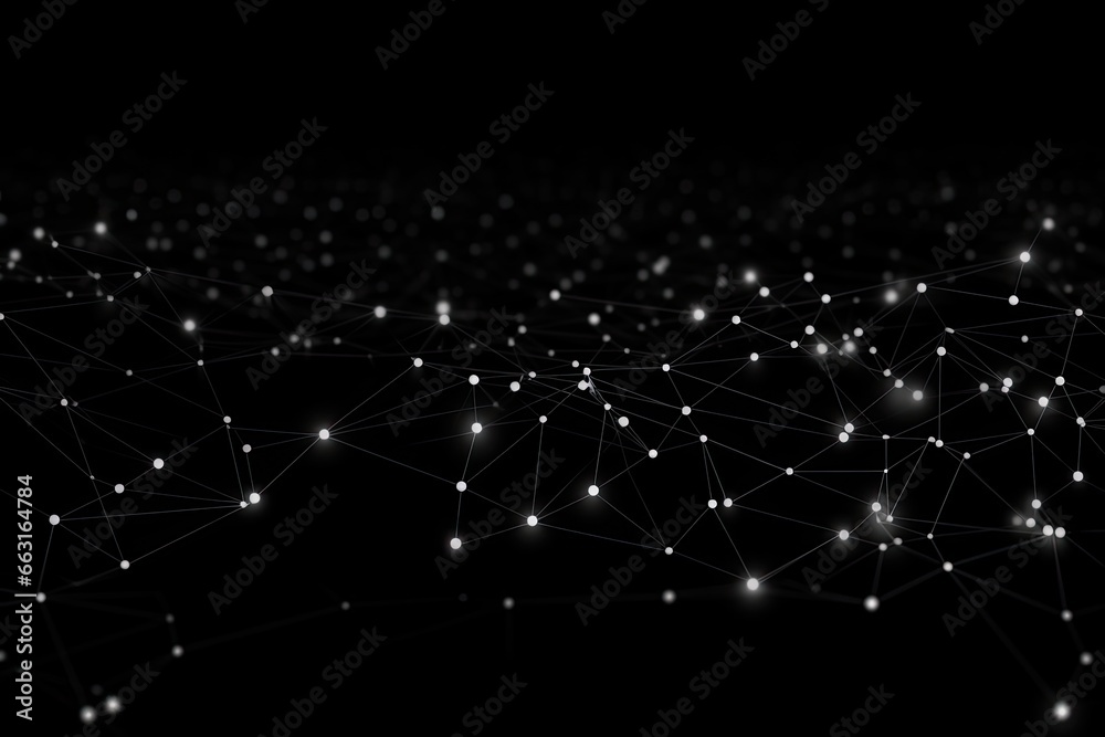Poster Abstract polygonal space low poly dark background with connecting dots and lines. Connection structure. 3d rendering, Digital background with a complex network of dots and lines, AI Generated