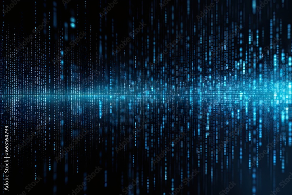 Poster Blue matrix digital background. Abstract cyberspace concept. 3D Rendering, Digital background with blue binary code and AI algorithms, Black background, AI Generated