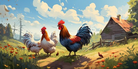 Illustration of a group of chickens outside a farm in the sun - obrazy, fototapety, plakaty