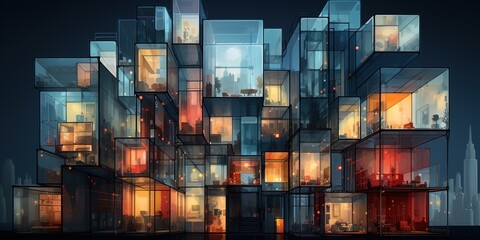 Illustration of contemporary multistory building with geometric design and glass windows located in city - obrazy, fototapety, plakaty