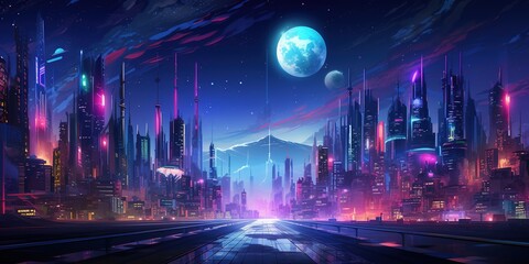 Illustration of the futuristic city in the style of cyberpunk. Empty street with colorful neon lights. Beautiful night cityscape.