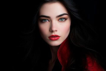 Fototapeta premium beautiful Canadian top model looking at the camera. penetrating eyes. long hair. dark background. image of beauty, feminine strength, intensity of gaze.