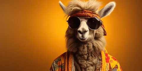 Fotobehang Lama dressed in hippy clothes on yellow background. Humanization of animals concept © Coosh448