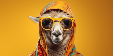 Lama dressed in hippy clothes on yellow background. Humanization of animals concept