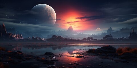 Landscape of an alien planet, view of another planet surface, science fiction background. - obrazy, fototapety, plakaty