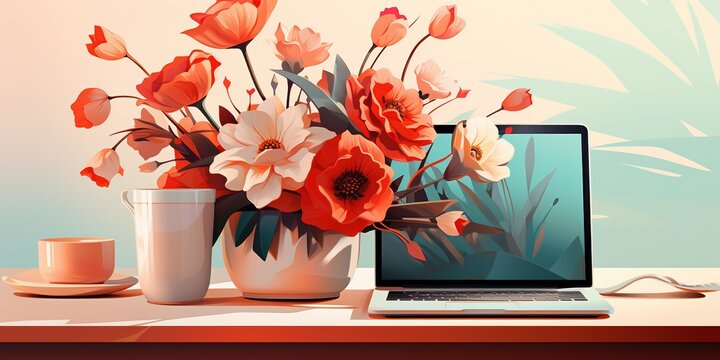 Illustration of a modern laptop on a sleek desk with a decorative vase with flowers