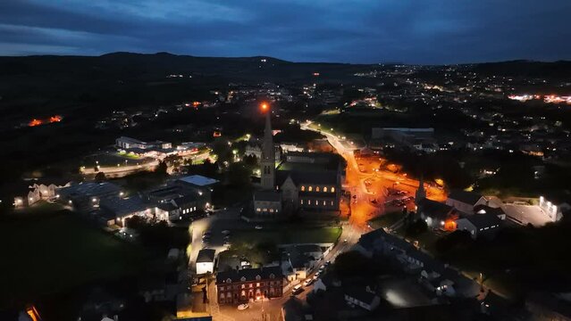 Aerial night view of St Eunans Cathedral in Letterkenny, County Donegal, Ireland