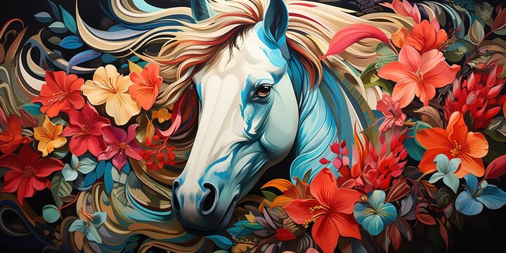 Image of a horse head surrounded by colorful tropical flowers. Wildlife Animals