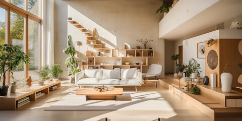 Minimalist, zero waste home with neutral colors, simple furnishings, and plants for decoration and air purification.