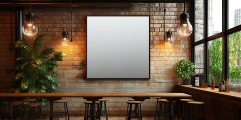 Mockup of vertical empty poster in Loft bar interior