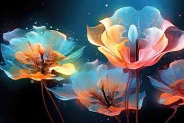 Abstract floral background with poppy flowers. Digital painting. 3D rendering, Digital technology transparent colorful flowers abstract graphics, AI Generated