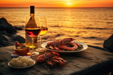Glass of white wine served with shrimps and mussels on the beach at sunset, Dinner with seafood and red wine on the background of sea sunset, AI Generated - obrazy, fototapety, plakaty