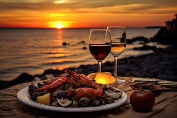 two glasses of red wine on the beach at sunset with shrimps, mussels and mussels, Dinner with seafood and red wine on the background of sea sunset, AI Generated - obrazy, fototapety, plakaty