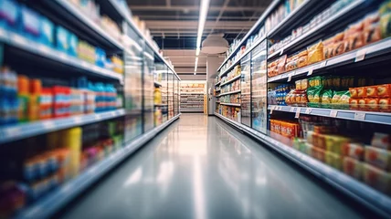 Foto op Plexiglas Blurred background grocery supermarket. shopping mall background, business concept copy space. Supermarket aisle and shelves blur background AI. © yana136