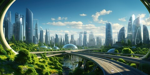 Modern green sustainable highway, city background
