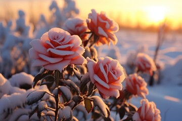 Many red roses are covered in snow, romantic scenery, sunset.