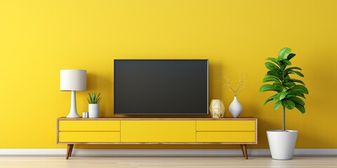 Modern living room with TV on yellow wall and wooden plate over cabinet.