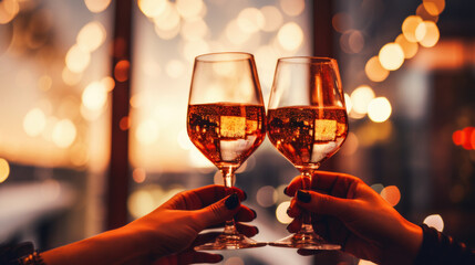 Two glasses of champagne toasting in the nigh with lights bokeh, glitter and sparks on the background.