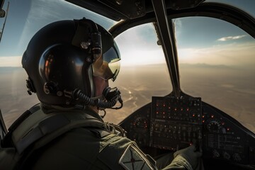 Pilot in the cockpit of a helicopter flying over the clouds. A geared up fighter pilot sitting in...