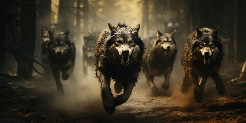 Pack of wolves running in forest