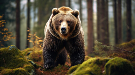 Wild adult Brown Bear Ursus Arctos in the summer forest.