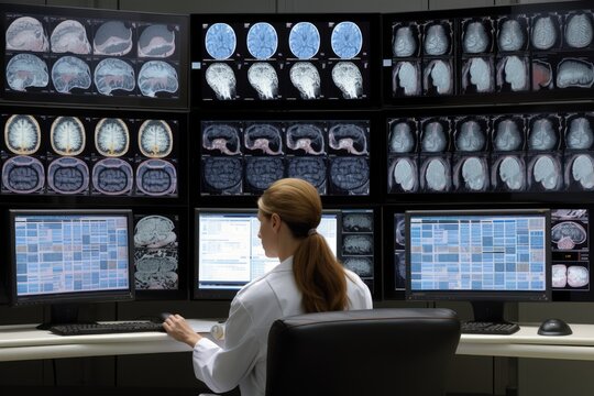 Female doctor looking at x-ray images of brain and spinal cord, A neuroscientist researching the human brain in multiple monitor, AI Generated