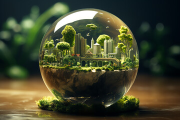 Sustainability nature environment in crystal ball, global warming save the earth - obrazy, fototapety, plakaty