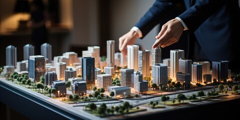 Real estate development. businessman or architect showing new business office complex scale model - obrazy, fototapety, plakaty