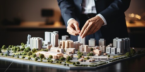 Real estate development. businessman or architect showing new business office complex scale model - Powered by Adobe
