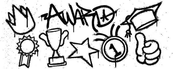 Set award graffiti spray paint. Collection of crown, toga, pin, cup, star, medal, thumb Isolated Vector - obrazy, fototapety, plakaty