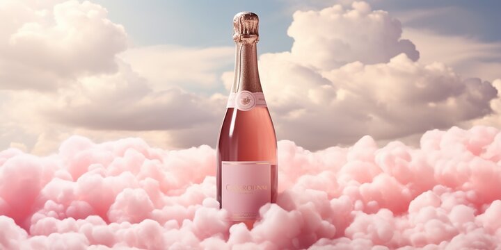 Pink champagne bottle with clean label for product design against pastel fluffy clouds and sky. Creative concept of pink sparkling wine