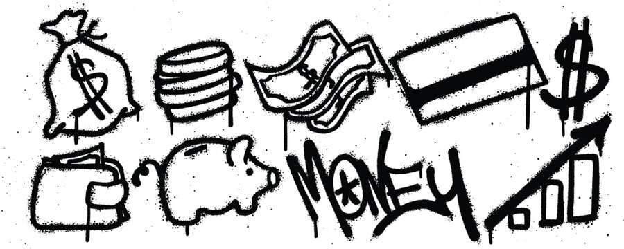 Set money graffiti spray paint. Collection of money bag, coin, money, card, dollar, wallet, piggy bank Isolated Vector