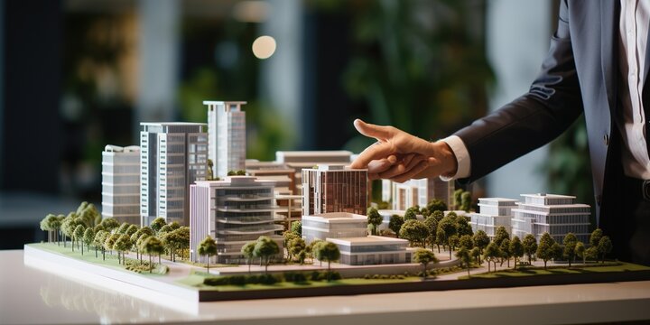 Real estate development. businessman or architect showing new business office complex scale model