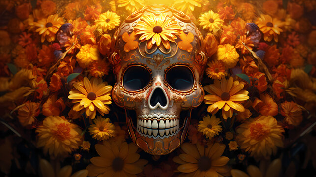 A festive background portraying a colorful array of sugar skulls adorned with marigold blooms, 3D render digital artistry, encapsulating the essence of Hispanic heritage and Día de los Muertos