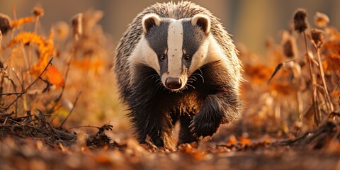 Six month old European badger walking and facing the camera.