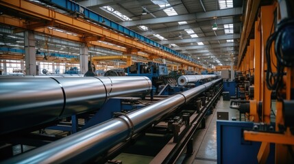 New manufactured pipes on roller conveyor in heavy industrial plants.